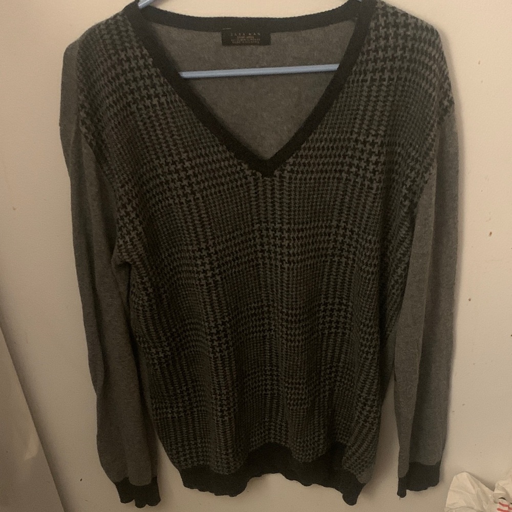 Handsome Zara Man Sports Moda Gray Patterned Angora Blend V Neck Sweater SZ XL